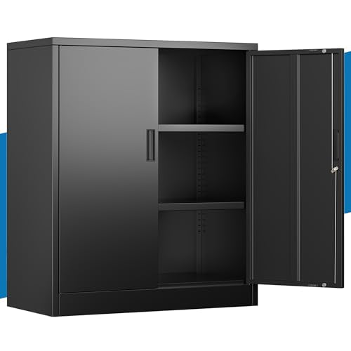 Metal Storage Cabinet,36" Locking Cabinet with 2 Adjustable Shelves - color: Black, size: 36"H×32"W×16"D