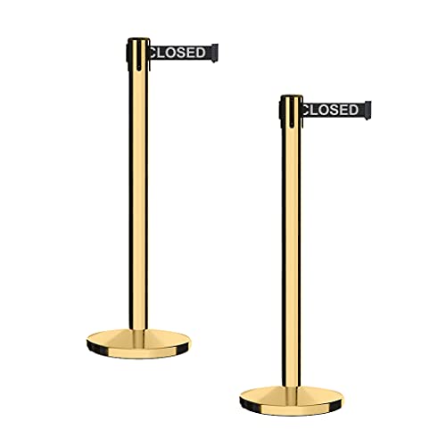 CCW Retractable Belt Barrier Stanchions, Polished Brass, 2 Pack - color: Black "THIS LINE CLOSED" White Letters, size: 7.5 Foot