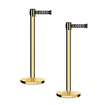CCW Retractable Belt Barrier Stanchions, Polished Brass, 2 Pack - color: Black "THIS LINE CLOSED" White Letters, size: 7.5 Foot