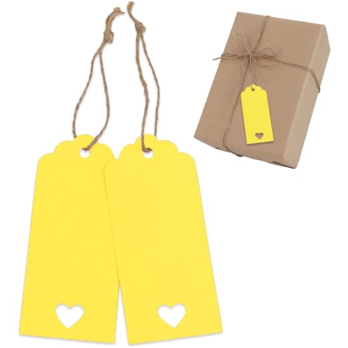 BEISHIDA 100pcs Blank Gift Tags, Hollow Heart Orange Kraft Paper Tags with String for Easter Spring Thankgiving Baby Shower Party Birthday DIY Craft Gift Packing Business-1.6 X 3.6ins-1.6 X 3.6in - color: Yellow