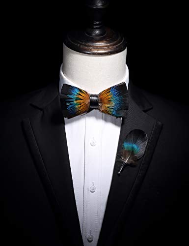 RBOCOTT Handmade Feather Pre-tied Bow tie and Brooch Sets for Men - color: Orange/Blue