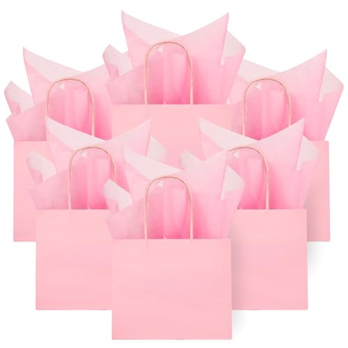 DjinnGlory 24 Pack Mini Tiny Small Pink Paper Gift Bags with Handles 6x5x2.5 Inch and 24 Tissue Paper for Wedding Baby Shower Princess Birthday Party Favors Goodies - color: Pink
