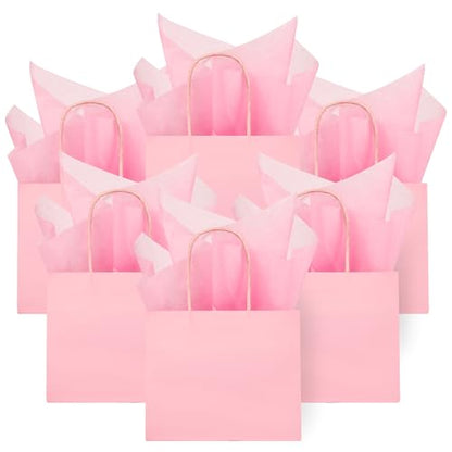 DjinnGlory 24 Pack Mini Tiny Small Pink Paper Gift Bags with Handles 6x5x2.5 Inch and 24 Tissue Paper for Wedding Baby Shower Princess Birthday Party Favors Goodies - color: Pink