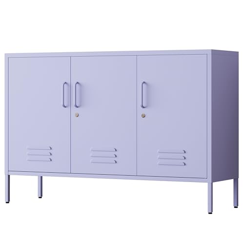 47.3" Wide Purple 3-Door Lockable Metal Storage Cabinet, Heavy-Duty Multipurpose Home Tool Cabinet with 2 Removable Shelves, Easy Assembly Storage Locker for Home, Office, Entryway, Hallway - color: Lilac, style: Cabinet-32"H-WL