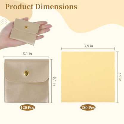 120 Pcs Jewelry Pouches, PU Leather Jewelry Packaging Bags with Cleaning Cloths, Jewelry Organizer Pouches with Snap Buttons, Luxurious Jewelry Present Bags for Earrings, Bracelets - color: gold,240PCS