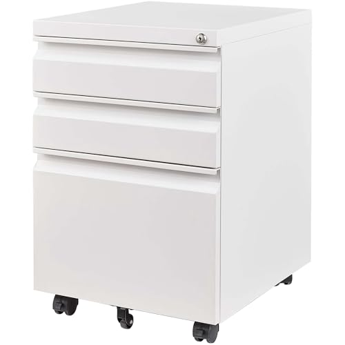 Simpli-Magic 3 Drawer Mobile File Cabinet with Lock Under Desk Metal Filing Cabinet for Home Office Organizer Fully Assembled Letter Legal A4 White