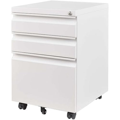 Simpli-Magic 3 Drawer Mobile File Cabinet with Lock Under Desk Metal Filing Cabinet for Home Office Organizer Fully Assembled Letter Legal A4 White