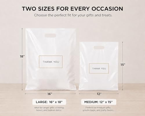 Purple Q Crafts White Plastic Shopping Bags with Handles, Thank You Boutique Retail Bags, Large 16" x 18", 100 Pack for Merchandise, Gifts, Small Business & Trade Shows