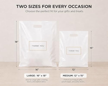 Purple Q Crafts White Plastic Shopping Bags with Handles, Thank You Boutique Retail Bags, Large 16" x 18", 100 Pack for Merchandise, Gifts, Small Business & Trade Shows
