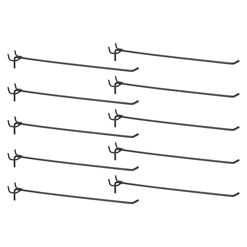 HARFINGTON 10pcs Pegboard Shelving Hooks 12" Stainless Steel Peg Board Display Hook Hanging Holders Wall Mount Organize Tools for Workbench Garage Kitchen Store, Black - size: 12 Inch
