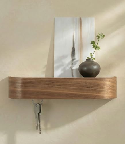 Kazai. Key Holder 'Toke' | Minimalist Key Hook Design from Berlin | Modern Key Holder Wall Mount with Wooden Shelf | Key Rack for Wall as Entryway Organizer | Walnut - color: Walnut, size: 10.4" (6 Hooks)