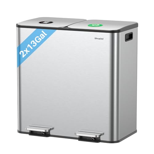 Dual Trash and Recycling Bins for Kitchen, 2×13 Gallon (2× 50L) Stainless Steel Trash and Recycle Bin Combo with Soft-Close Lid, Large Garbage Cans for Kitchen Home with 2 Magnets Sticker, Silver - color: Silver