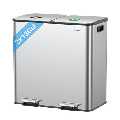 Dual Trash and Recycling Bins for Kitchen, 2×13 Gallon (2× 50L) Stainless Steel Trash and Recycle Bin Combo with Soft-Close Lid, Large Garbage Cans for Kitchen Home with 2 Magnets Sticker, Silver - color: Silver