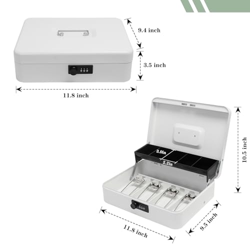 Cash Box with Combination Lock, Metal Money Box with Money Tray, Petty Cash Lock Box for Garage Sale, Yard Sale, Small Business, 11.8" x 9.4" x 3.5" (White Combination)