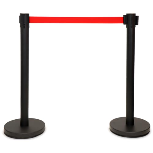 Smartign 2-Pack Retractable Belt Stanchion with 10ft Red Belt, 36 inch Tall Crowd Control Barricade Post with 20 lbs Concrete Base, 4-Way Connectivity, Powder-Coated Steel, Black, Made in USA