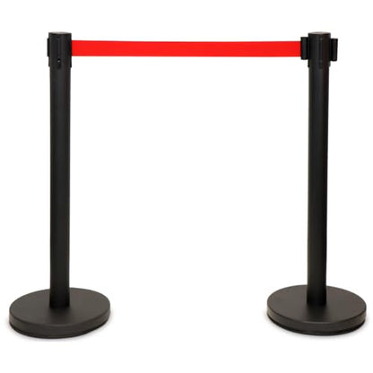 Smartign 2-Pack Retractable Belt Stanchion with 10ft Red Belt, 36 inch Tall Crowd Control Barricade Post with 20 lbs Concrete Base, 4-Way Connectivity, Powder-Coated Steel, Black, Made in USA