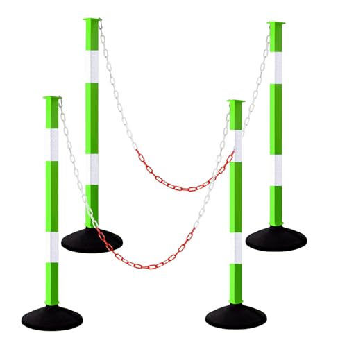 Traffic Delineator Post with Weighted Base & Reflective Collars,Adjustable Parking Cones,Orange Driveway Barrier Stanchion with 4 FT Chains for Traffic Crowd Control（Patented） - size: 4 Pack-Green