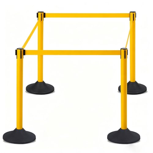 OrangeStar 4 Pack Crowd Control Stanchions, Heavy Duty Yellow Stanchion Set - color: Yellow, size: Style2-Round Rubber Base