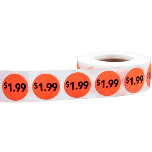 Fluorescent Red 1.99 Circle Dot Stickers, 3/4 Inch Round Price Labels, 500 Total Adhesive Stickers on a Roll for Retail Pricing, Inventory, Sales, and Promotions – Made in The USA - color: $1.99