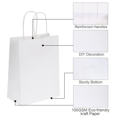 Joybe 100 Pack 5.95x3.25x8 Inch Small White Paper Bags with Handles Bulk, Kraft Paper Gift Bags for Birthday Party Favors Grocery Retail Shopping Business Goody Merchandise Craft Blank Sacks (100pcs)