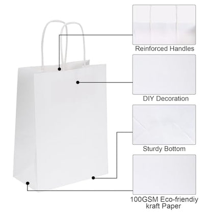 Joybe 100 Pack 5.95x3.25x8 Inch Small White Paper Bags with Handles Bulk, Kraft Paper Gift Bags for Birthday Party Favors Grocery Retail Shopping Business Goody Merchandise Craft Blank Sacks (100pcs)