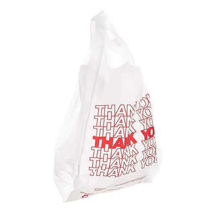 50 Count Thank You Plastic T-Shirt Bags with Handles, Heavy Duty 1.0 Mil (26 Micron) White HDPE, 11 x 6 x 21 in (1/6 BBL), Recyclable Grocery Carryout for Restaurants & Retail