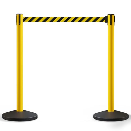 Crowd Control Warehouse 2-Pack Retractable Belt Stanchion Barriers, 11 Ft - color: Black/Yellow Belt, Yellow Post
