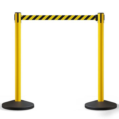 Crowd Control Warehouse 2-Pack Retractable Belt Stanchion Barriers, 11 Ft - color: Black/Yellow Belt, Yellow Post