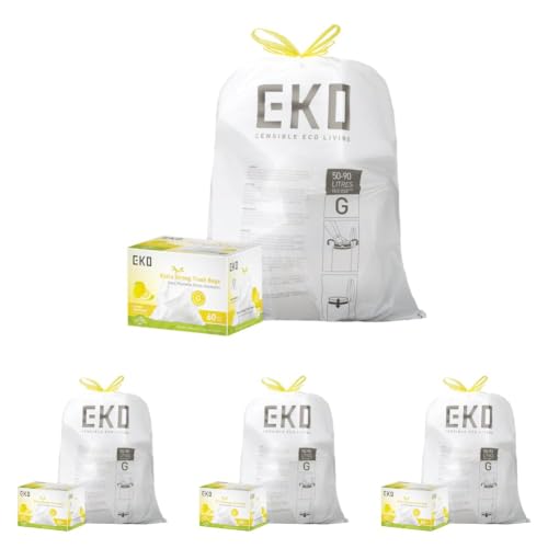 EKO 21 Gallon / 50-90 Liter, Drawstring TrashBags,Extra-Strong Garbage Bags,Lemon Zest Scent-Continuous Odor Control,Easy-Dispense Roll for Kitchen & Household Use, Code G,White, 60 Count (Pack of 4) - size: 60 Count (Pack of 4), style: 21 Gallon Bags/Cod