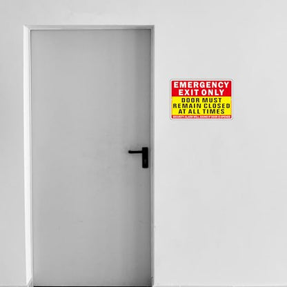 Emergency Exit Only Sign, (2 Pack) Self Adhesive Emergency Exit Sign Sticker for Door, Rust Free and Reflective Aluminum Metal Signs for Wall (9 x 6 inches, Red/Yellow) - color: Red /Yellow