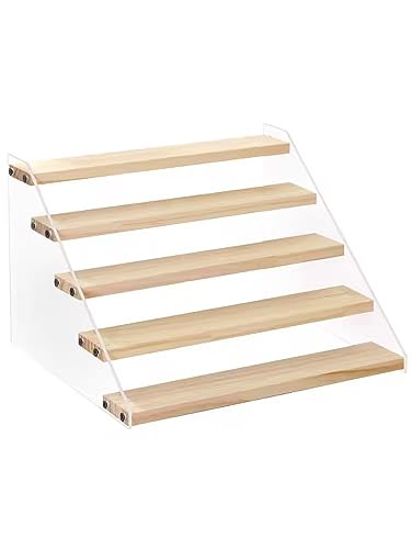 BYCY Wood Display Stand 5 Tier Clear Acrylic Display Shelf Riser for Perfumes Pop Figures Jewelry Cupcake Spice Desserts (1 Pack)