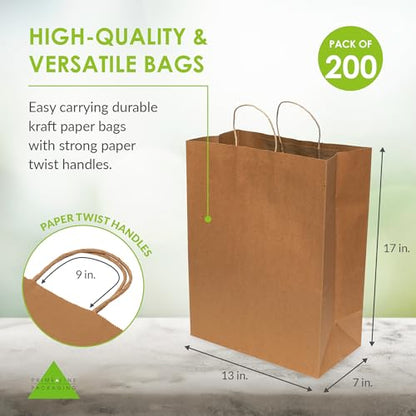 Prime Line Packaging Brown Paper Bag with Handle, 13x7x17 Inch, 200 Pack - size: 13x7x17 Inch