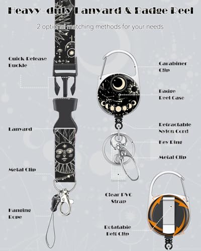 Uniclife Fashionable Sliding Badge Holder, Moon & Planets Plastic Card Holder with Retractable Badge Reel Carabiner & Detachable Lanyard, Vertical Card Protector for Office Worker Teacher Student - color: Moon & Planets