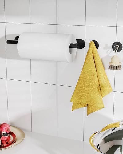 Black Paper Towel Holder Under Cabinet with 2 Hooks Self Adhesive - color: Matte Black, size: Holder with 2 Hooks