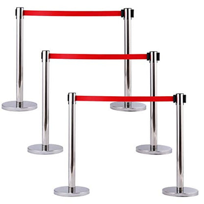 Goplus 6Pcs Stanchion Post, Stainless Steel Stanchions with 6.5' Retractable Belt, Posts Queue Pole, 35"Height Crowd Control Barrier for Party Supplies (Red)