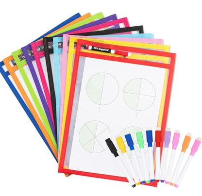 Dry Erase Pockets, 10 Pack Oversized 10 x 14 Reusable Sleeves for 8.5 x 11 Worksheets, Heavy Duty Clear Dry Erase Sheet Protectors with 10 Markers, Grommet & Loop for Classroom, Homeschool & Office