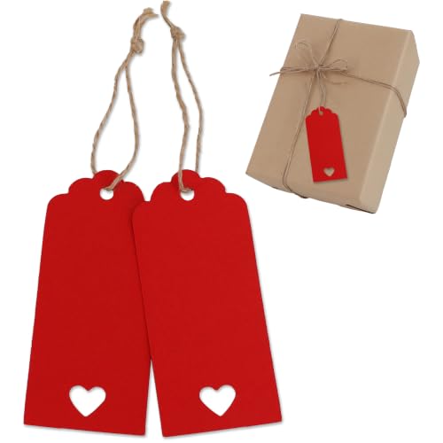 BEISHIDA 100pcs Blank Gift Tags, Hollow Heart Red Kraft Paper Tags with String for Christmas Valentine Mother's Day Birthday Wedding Baby Shower Favors DIY Craft Gift Packing Business-1.6 X 3.6in - color: Red