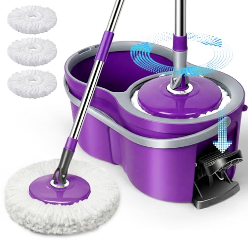 Masthome Spin Mop and Bucket Set,Compact Mop Bucket System with Wringer - color: Purple