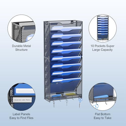 OUTWOLF 10 Tier Hanging Wall File Organizer Wall Mount Paper Document Folder Holder with Hooks for Home Office Organization - color: 10 Pocket