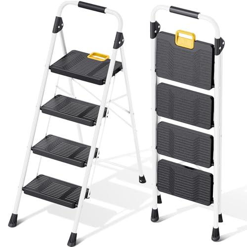 KINGRACK 4 Step Ladder, Folding Step Ladders for Home, 800lb Capacity,White - size: 4-STEP
