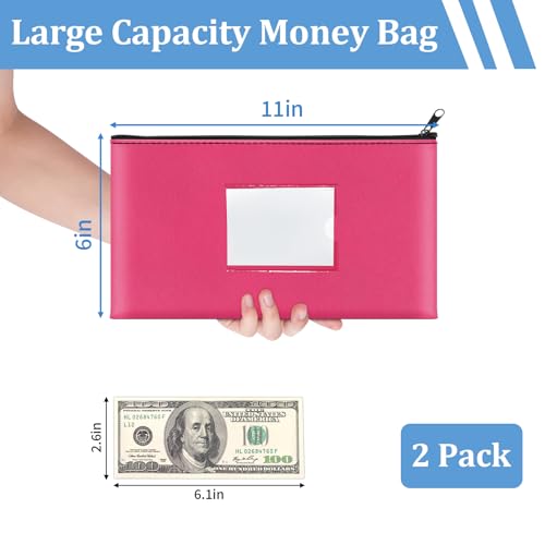 2 Pack PU Leather Money Bags with Zipper & Label, Light Blue & Rose Red - color: Light Blue & Rose Red