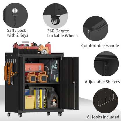 Metal Garage Storage Cabinet with Wheels, Lockable Rolling Tool Cabinet - color: Black, size: 26" W × 14" D × 31.88" H