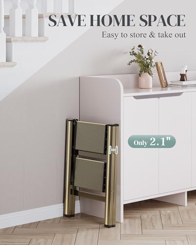 2 Step Ladder, Foldable Aluminum Step Stool with Anti-Slip Pedal - color: Champagne Gold, size: 2 Step