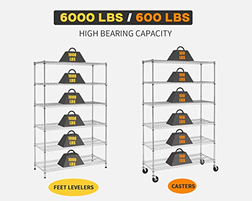 BestOffice | 6-Tier Wire Shelf with Wheels | 18" x 48" x 78" | Chrome - color: Chrome, size: 18"D x 48"W x 77"H