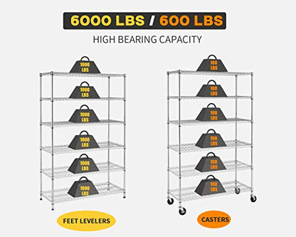 BestOffice | 6-Tier Wire Shelf with Wheels | 18" x 48" x 78" | Chrome - color: Chrome, size: 18"D x 48"W x 77"H