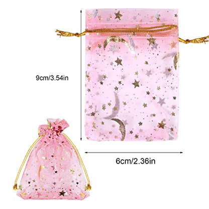SUMAJU 100 Pieces Moon Star Organza Jewelry Candy Bags 2.7x3.5 Inch - color: Pink 2.7x3.5 Inch