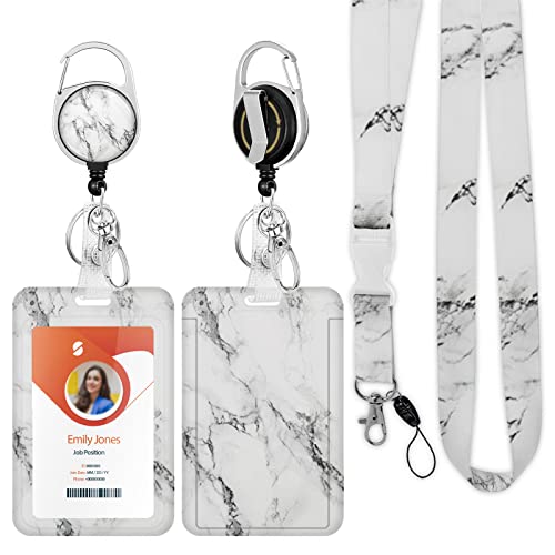 ID Badge Holder with Lanyard,Retractable ID Badge Card Holders Detachable Neck Lanyard Strap with Badge Reel and Vertical ID Holder for Nurse Students Teachers Office Staff(Marble White) - color: Marble White