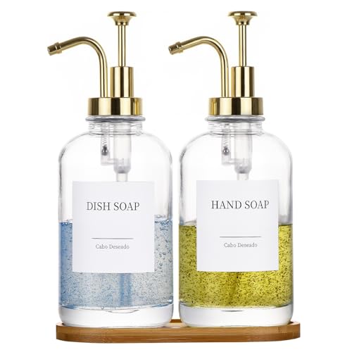 Glass Soap Dispenser with Pump, Dish and Hand Soap Dispenser for Kitchen Bathroom Set, Clear Glass Dispenser Set of 2 Pack with 18 Stickers Funnel Bamboo Tray 500ml 18oz / Each Bottle Gold Pump - color: Glass+gold Pump
