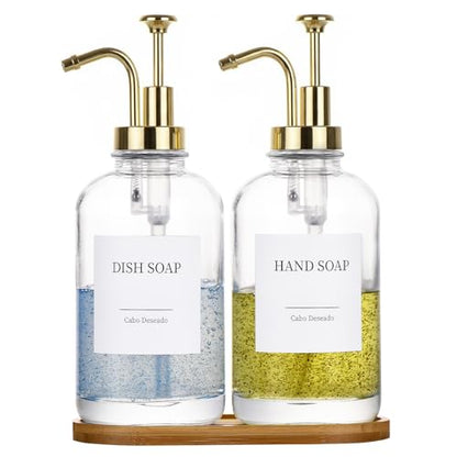 Glass Soap Dispenser with Pump, Dish and Hand Soap Dispenser for Kitchen Bathroom Set, Clear Glass Dispenser Set of 2 Pack with 18 Stickers Funnel Bamboo Tray 500ml 18oz / Each Bottle Gold Pump - color: Glass+gold Pump