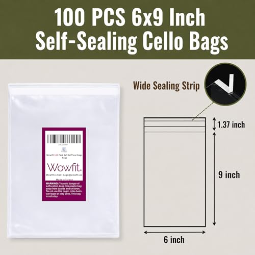 Wowfit 100 CT 6x9 Self Adhesive Cello Bags, Large Cookies, Greeting Cards - size: 6x9 Inch (Pack of 100)